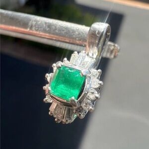 Platinum Colombian Emerald with Genuine Sparkly Baguette Diamonds Pendant